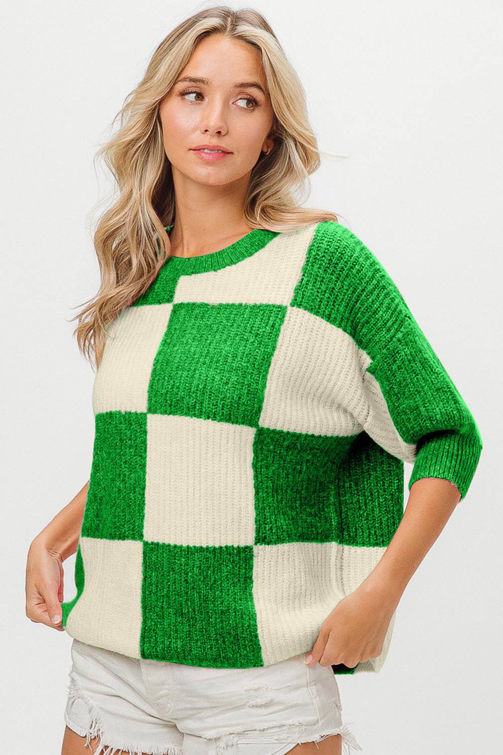 BiBi Checkered Contrast Round Neck Sweater - 1985 the VAULT Boutique