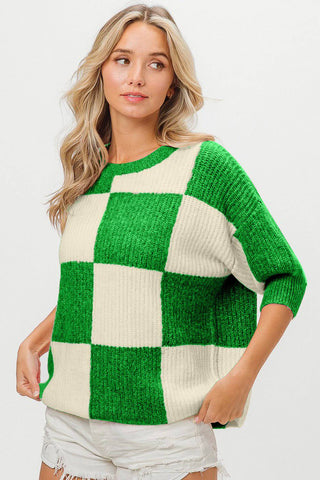 BiBi Checkered Contrast Round Neck Sweater - 1985 the VAULT Boutique