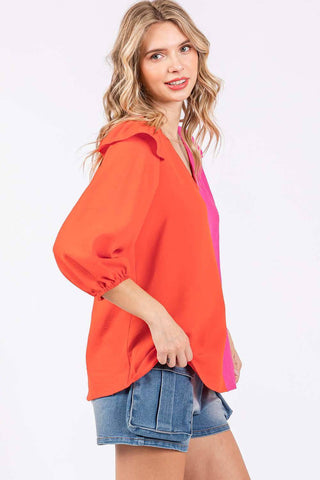 GeeGee Full Size Ruffle Trim Contrast Blouse - 1985 the VAULT Boutique