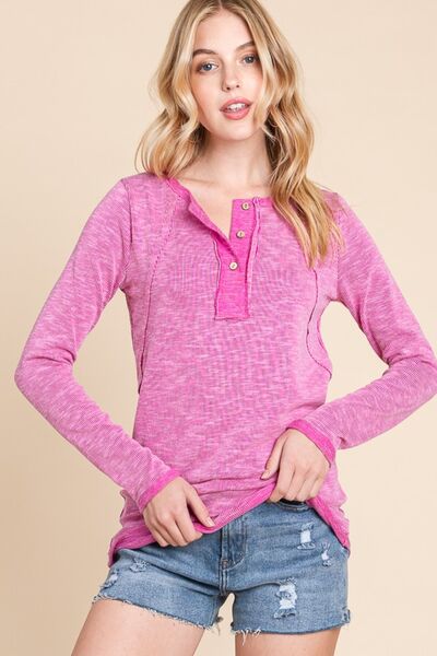 Reborn J Contrast Trim Half Button Long Sleeve T - Shirt - Happily Ever Atchison Shop Co.