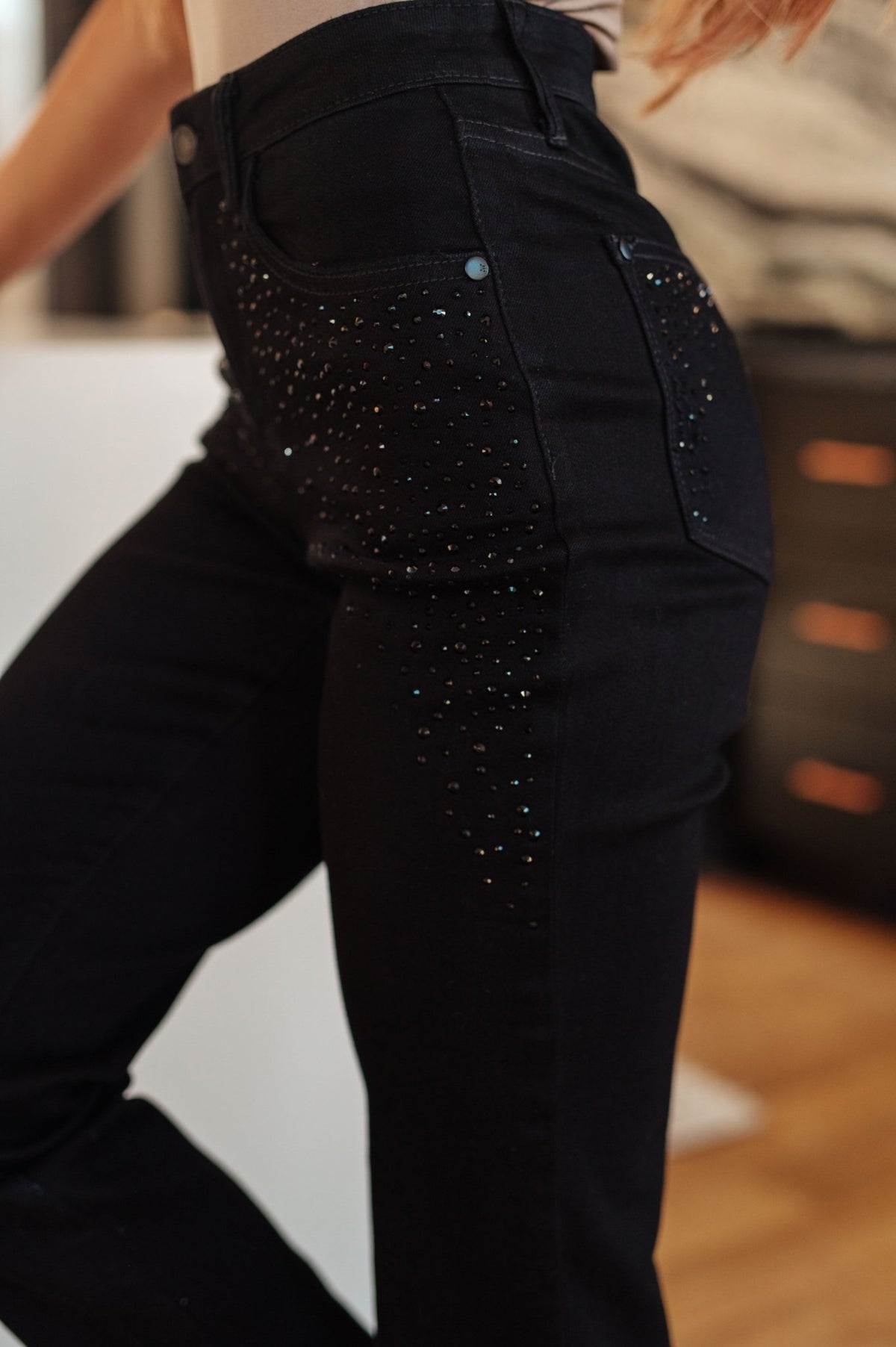 Reese Rhinestone Slim Fit Jeans in Black - Happily Ever Atchison Shop Co.