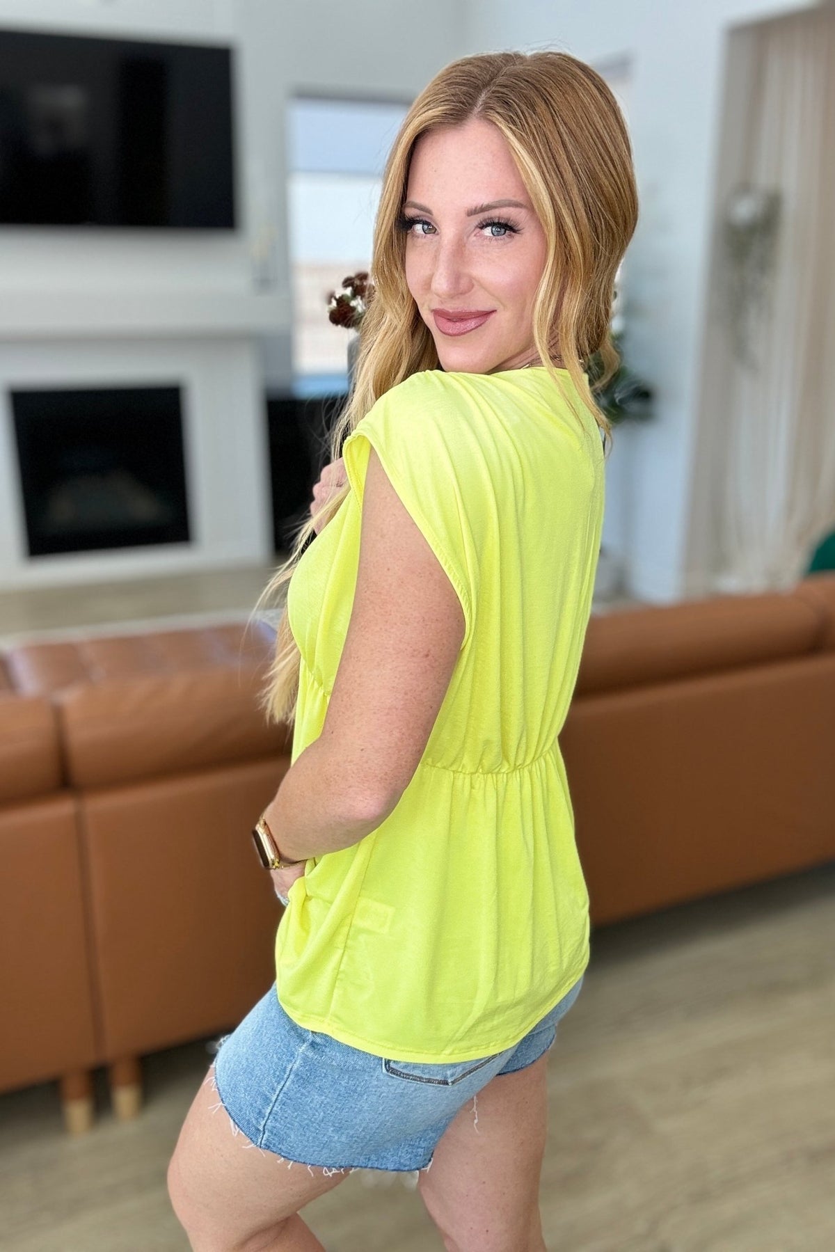 Rhea Peplum Top in Neon Yellow - Happily Ever Atchison Shop Co.