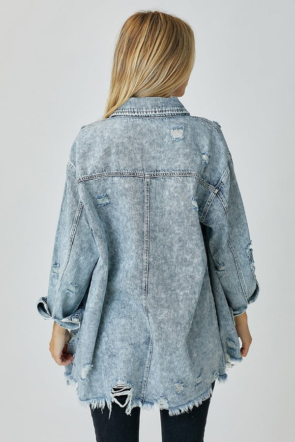 RISEN Distressed Raw Hem Denim Shirt - Happily Ever Atchison Shop Co.