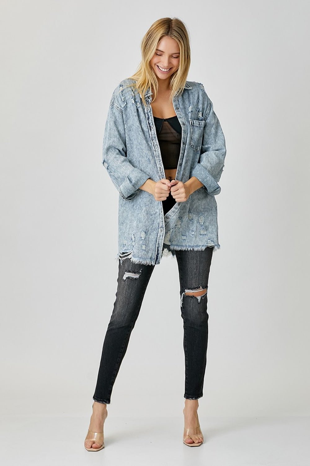 RISEN Distressed Raw Hem Denim Shirt - Happily Ever Atchison Shop Co.