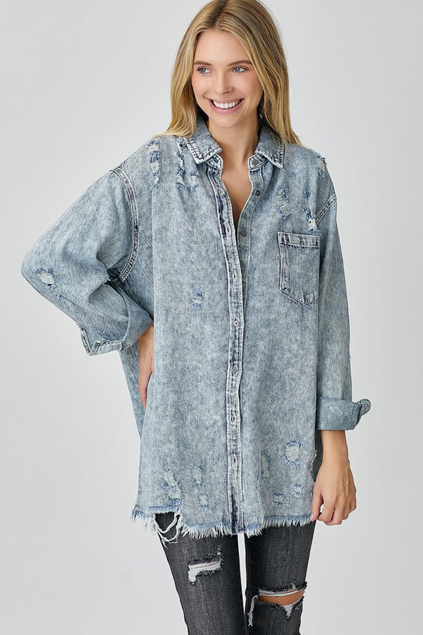 RISEN Distressed Raw Hem Denim Shirt - Happily Ever Atchison Shop Co.