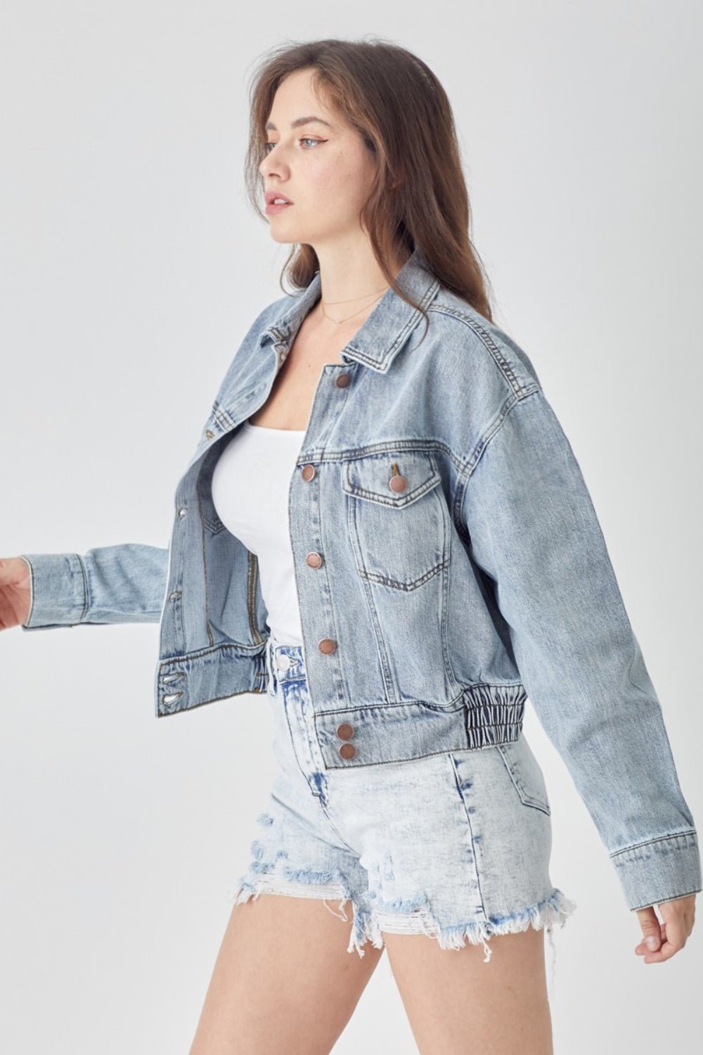 RISEN Full Size Button Down Cropped Denim Jacket - Happily Ever Atchison Shop Co.