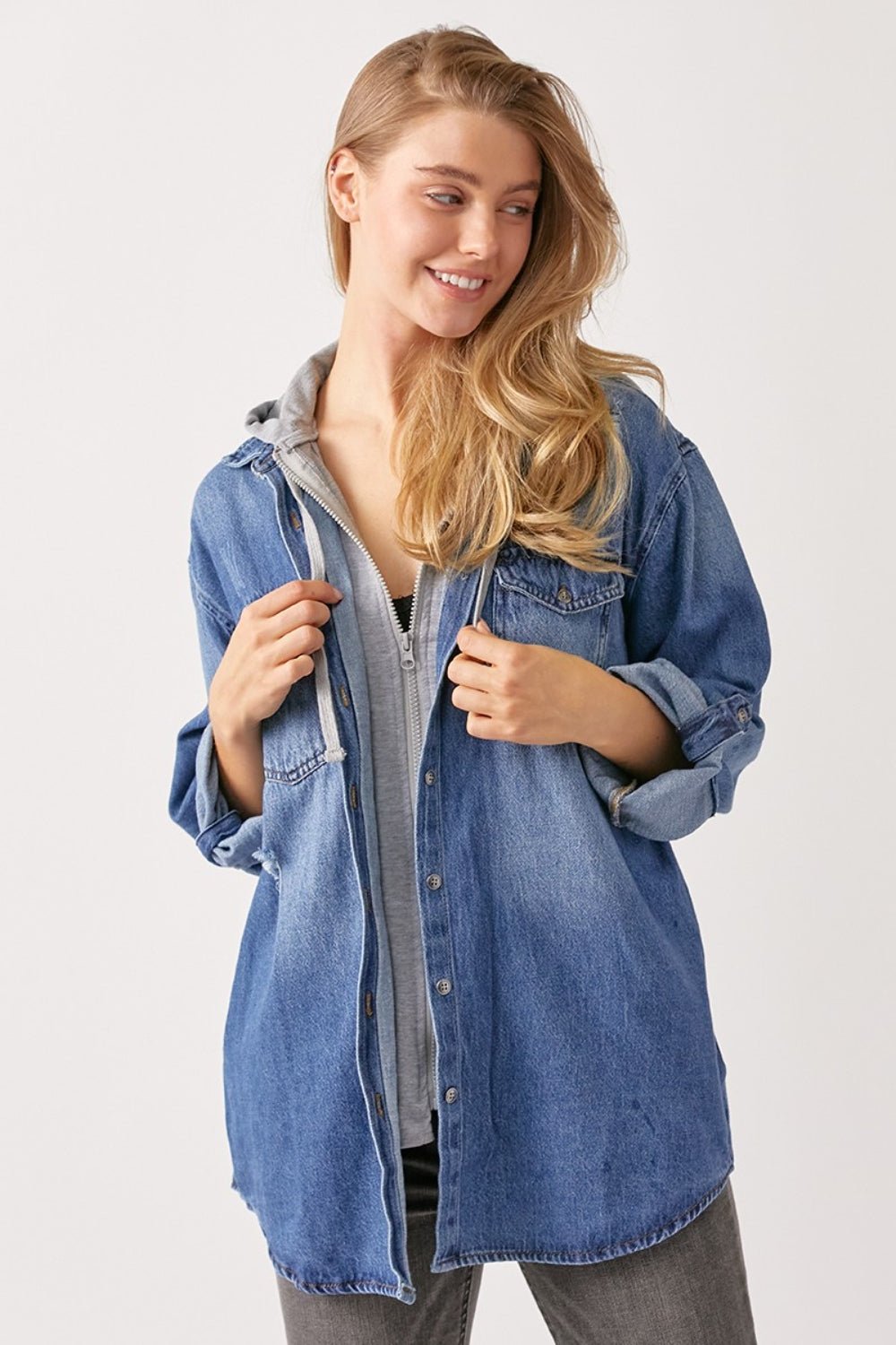 RISEN Zip Up Hooded Denim Shirt - Happily Ever Atchison Shop Co.