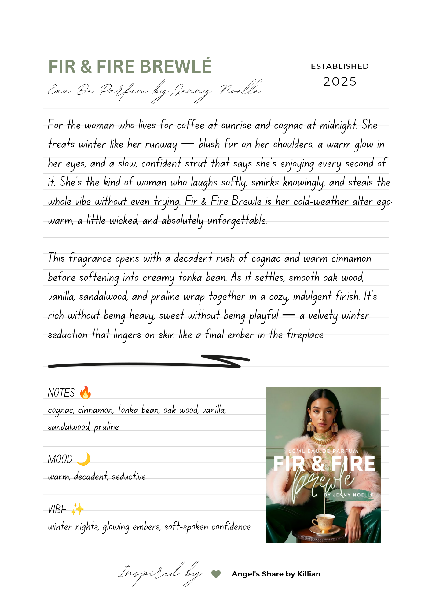 Fir & Fire Brewlé 60ml Eau de Parfum by Jenny Noelle | Inspired by Angel’s Share by Kilian