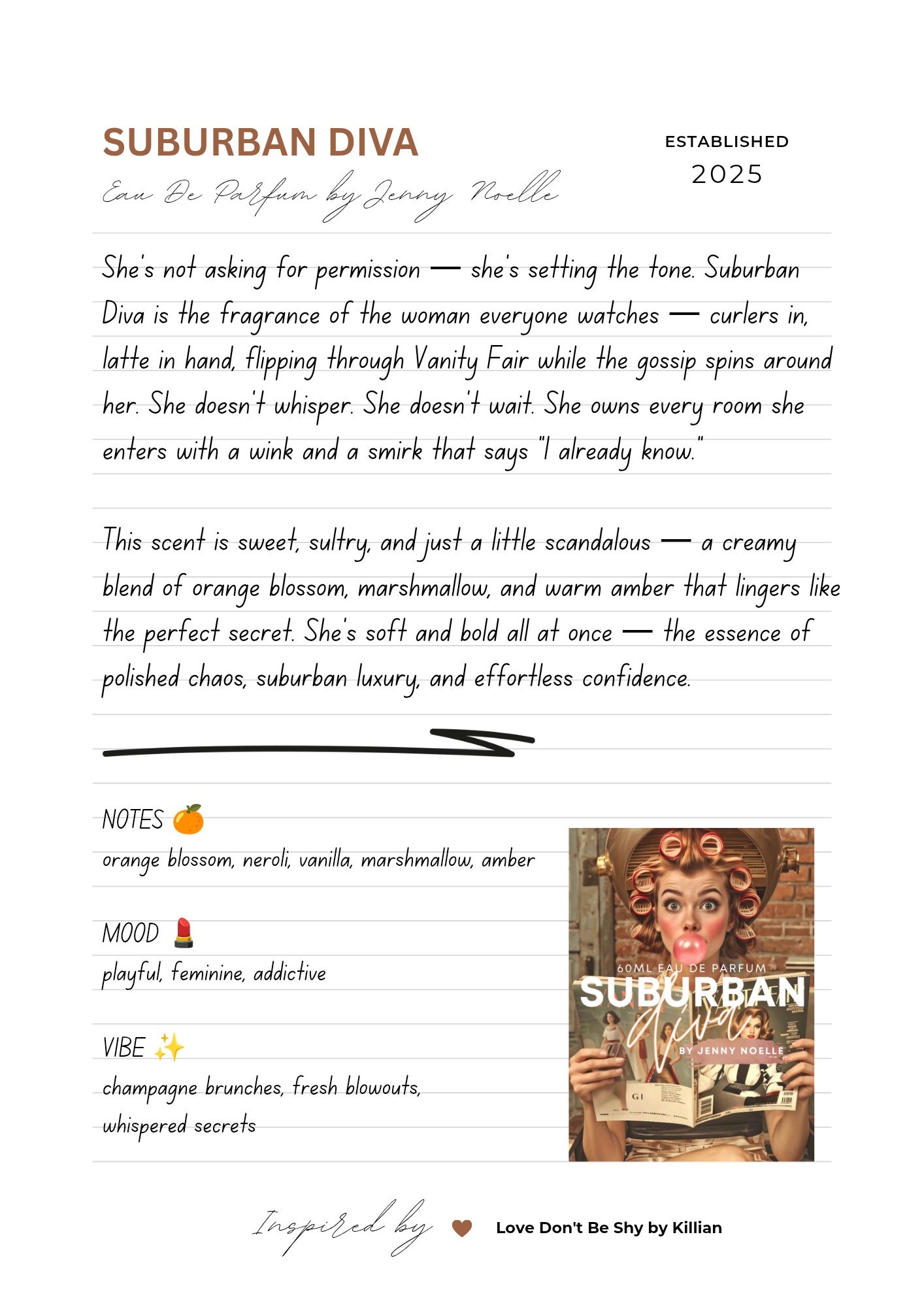 Suburban Diva 60ml Eau de Parfum by Jenny Noelle | Inspired by Love, Don’t Be Shy by Kilian