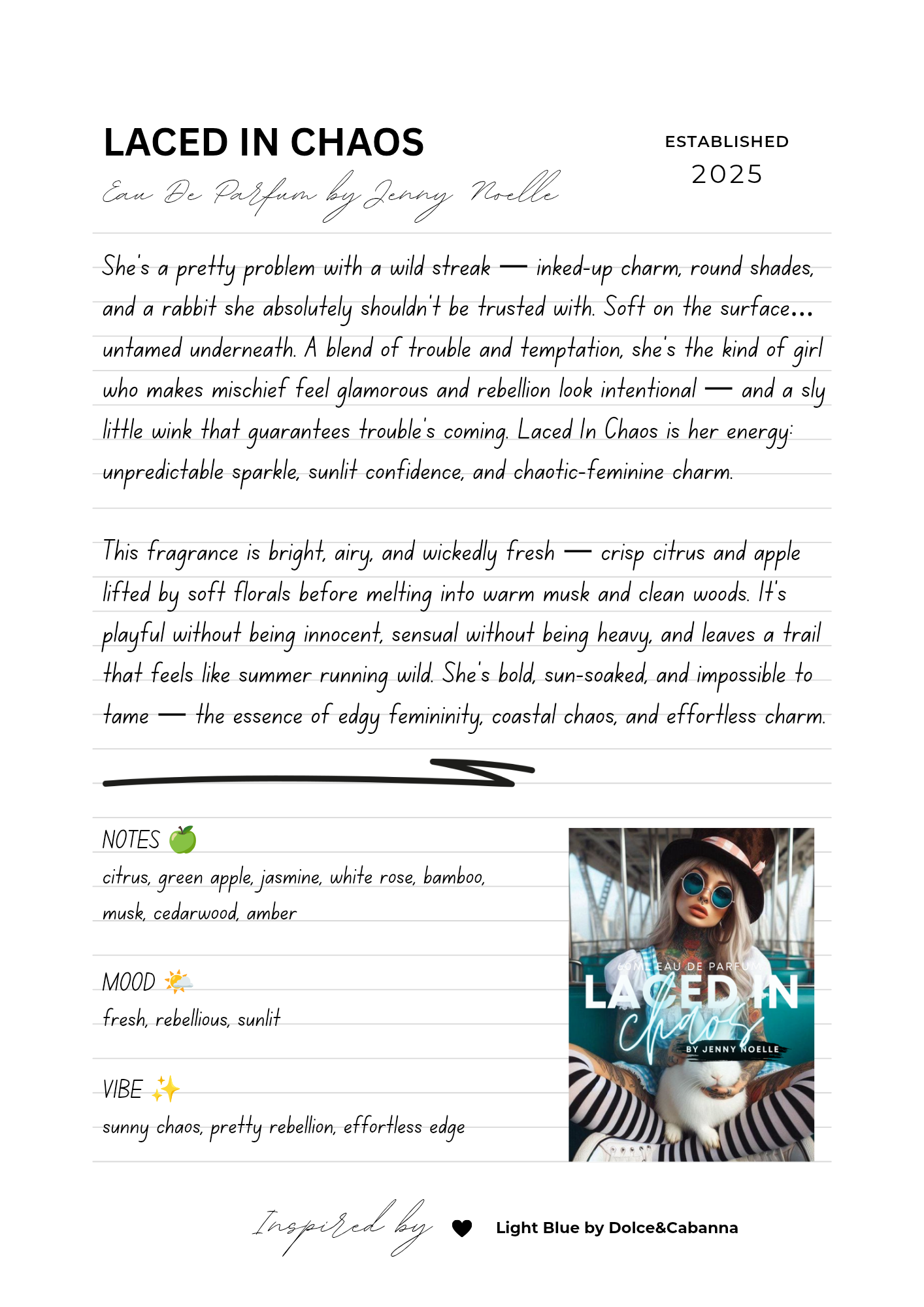 Laced In Chaos 60ml Eau de Parfum by Jenny Noelle | Inspired by Light Blue by Dolce&Cabanna