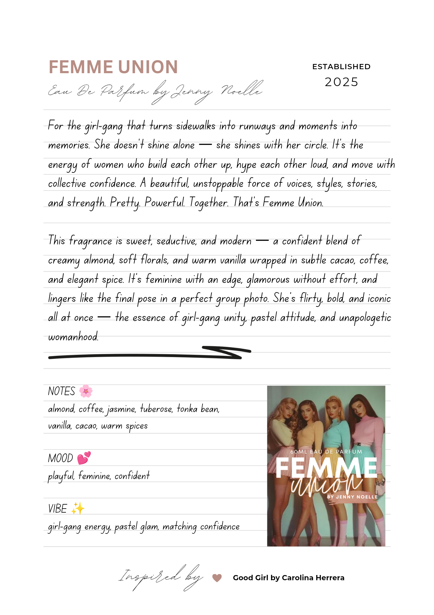 Femme Union 60ml Eau de Parfum by Jenny Noelle | Inspired by Good Girl by Carolina Herrera