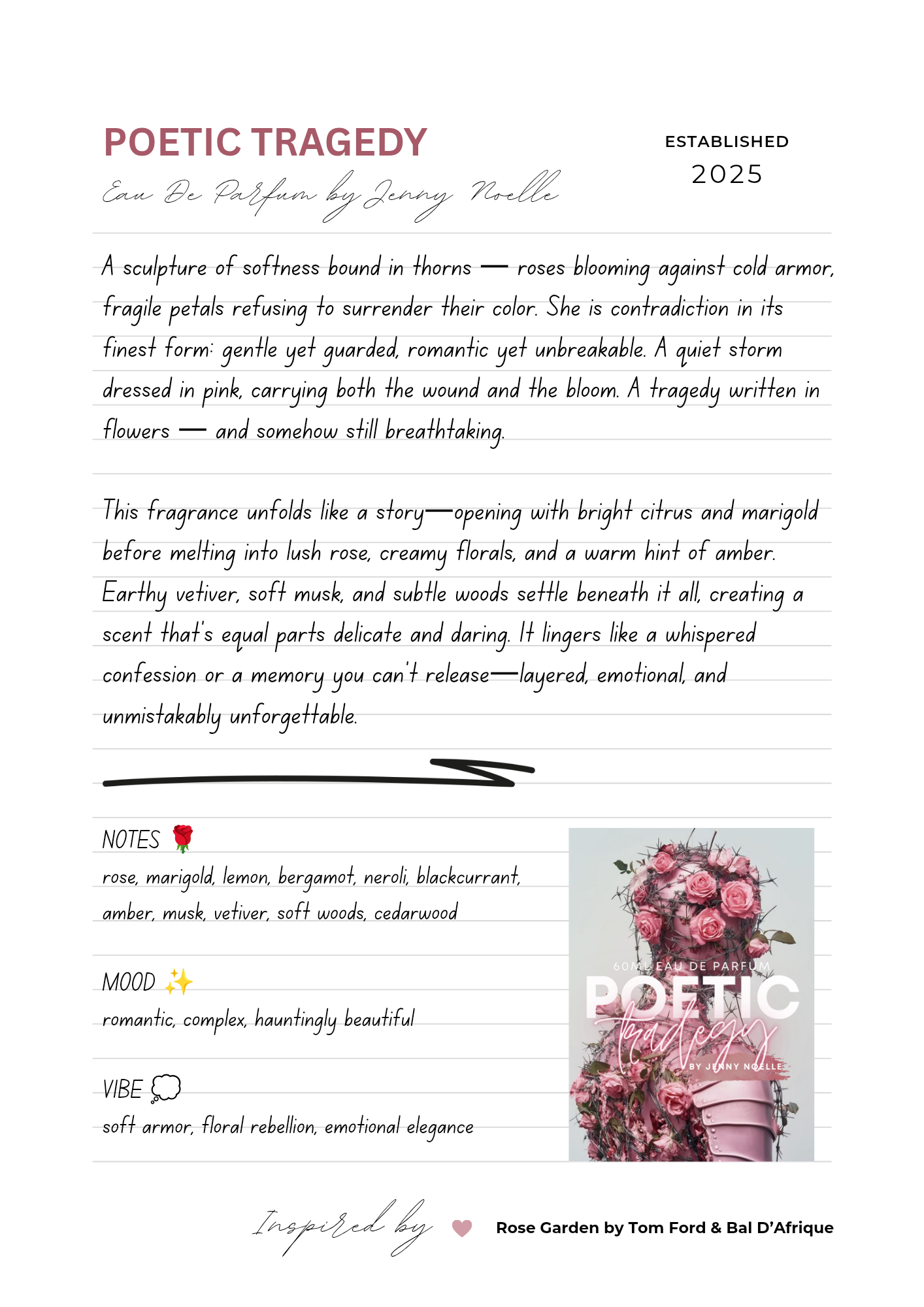 Poetic Tragedy 60ml Eau de Parfum by Jenny Noelle | Inspired by Rose Garden by Tom Ford & Bal D’Afrique