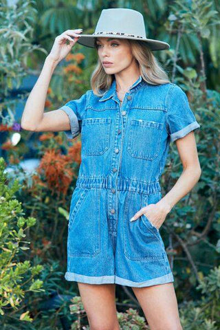 Veveret Elastic Waistband Denim Romper - 1985 the VAULT Boutique