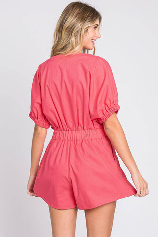 GeeGee Half Button V-Neck Linen Romper - 1985 the VAULT Boutique