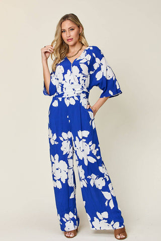 Double Take Full Size Printed Tie Back Wide Leg Jumpsuit - 1985 the VAULT Boutique