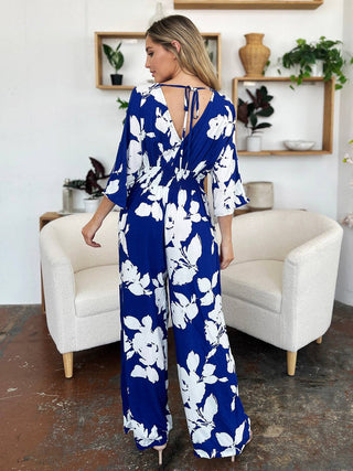 Double Take Full Size Printed Tie Back Wide Leg Jumpsuit - 1985 the VAULT Boutique