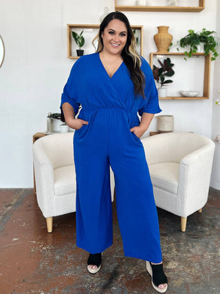 Double Take Full Size Surplice Wide Leg Jumpsuit with Pockets - 1985 the VAULT Boutique