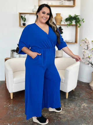 Double Take Full Size Surplice Wide Leg Jumpsuit with Pockets - 1985 the VAULT Boutique