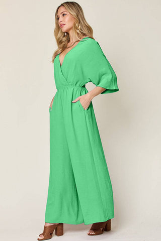 Double Take Full Size Surplice Wide Leg Jumpsuit with Pockets - 1985 the VAULT Boutique