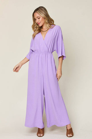 Double Take Full Size Surplice Wide Leg Jumpsuit with Pockets - 1985 the VAULT Boutique