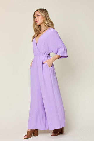 Double Take Full Size Surplice Wide Leg Jumpsuit with Pockets - 1985 the VAULT Boutique