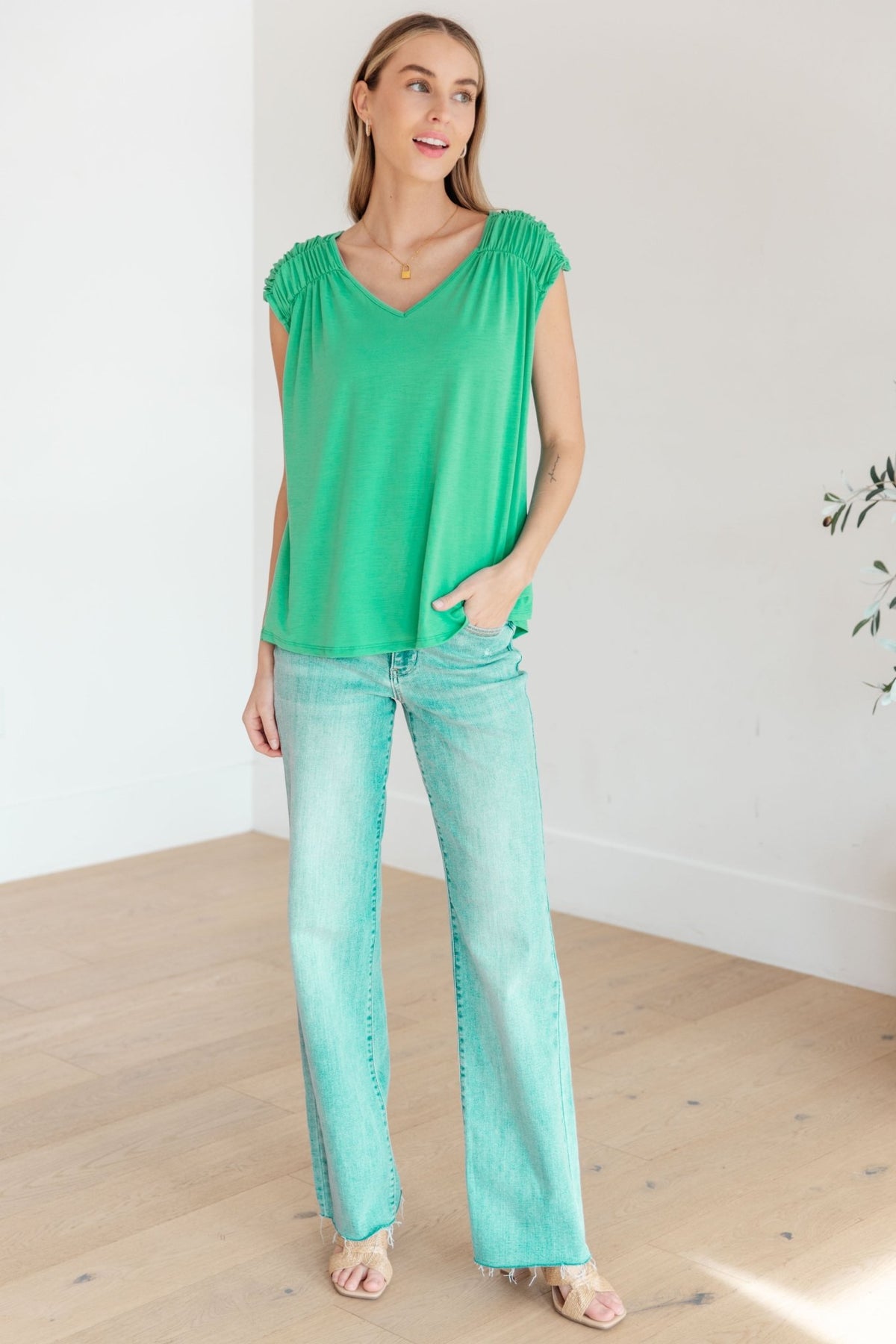 Ruched Cap Sleeve Top in Emerald - Happily Ever Atchison Shop Co.