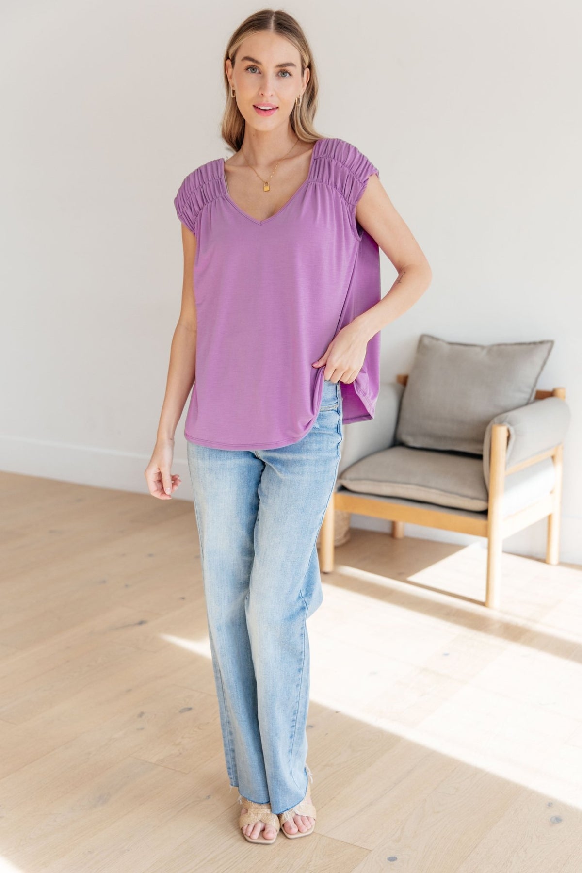 Ruched Cap Sleeve Top in Lavender - Happily Ever Atchison Shop Co.