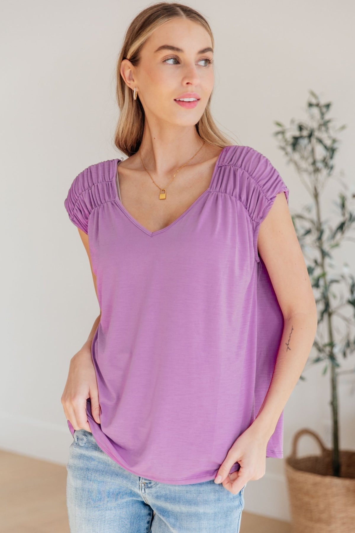 Ruched Cap Sleeve Top in Lavender - Happily Ever Atchison Shop Co.