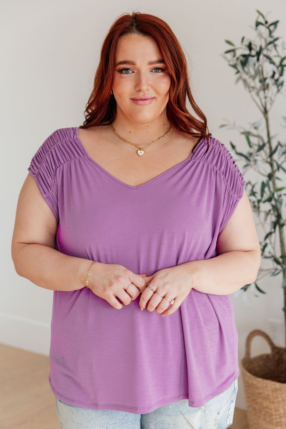 Ruched Cap Sleeve Top in Lavender - Happily Ever Atchison Shop Co.