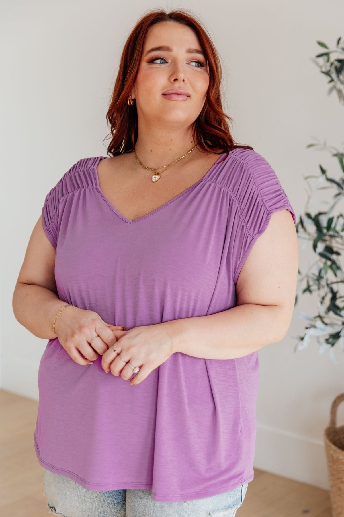 Ruched Cap Sleeve Top in Lavender - Happily Ever Atchison Shop Co.