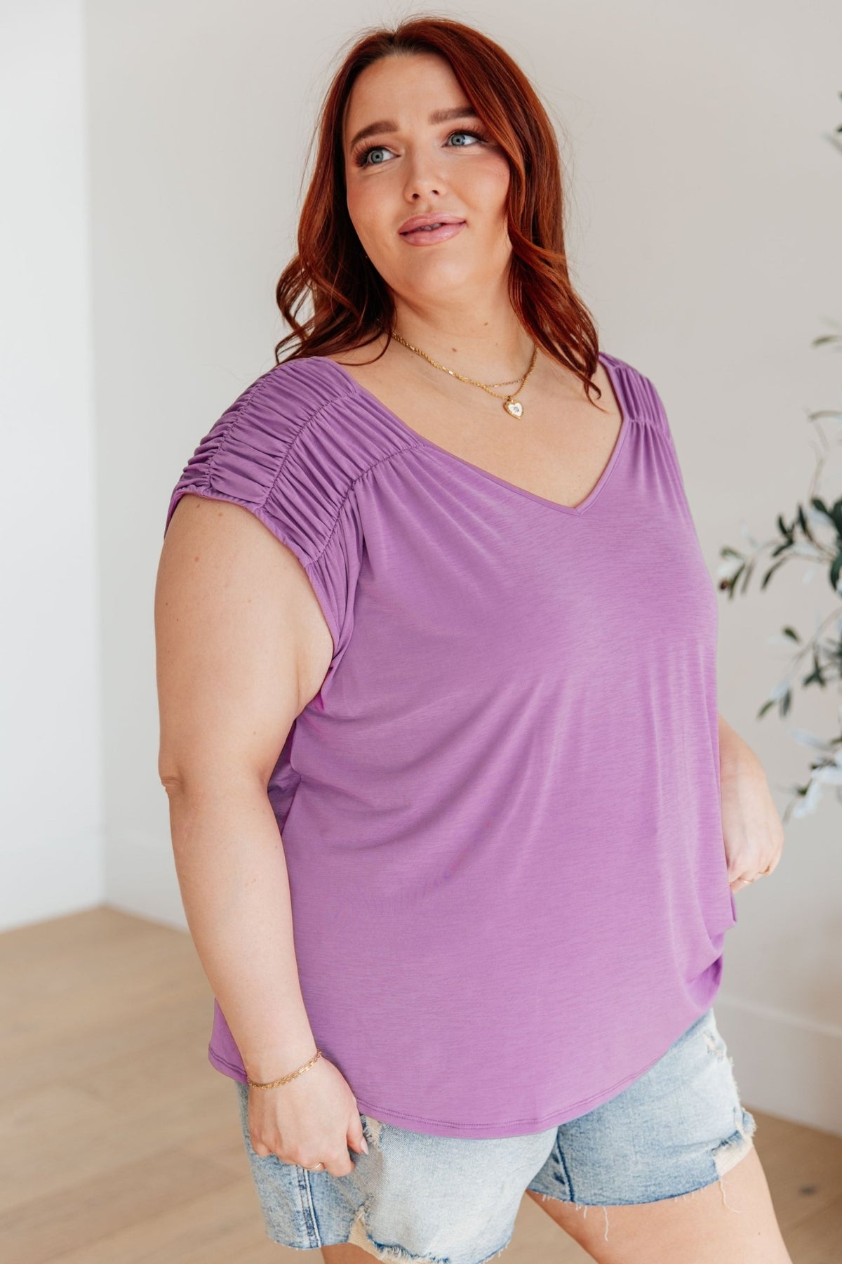 Ruched Cap Sleeve Top in Lavender - Happily Ever Atchison Shop Co.