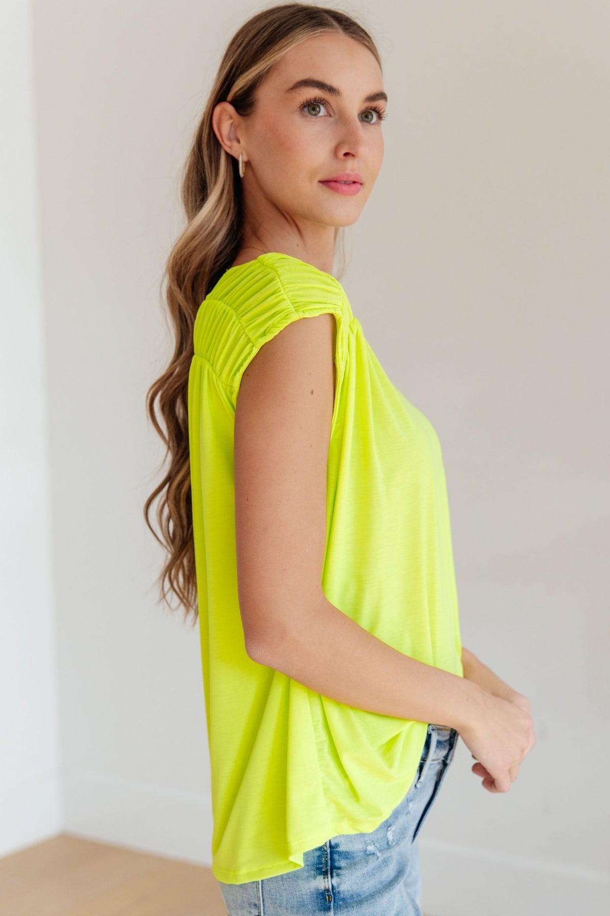 Ruched Cap Sleeve Top in Neon Green - Happily Ever Atchison Shop Co.