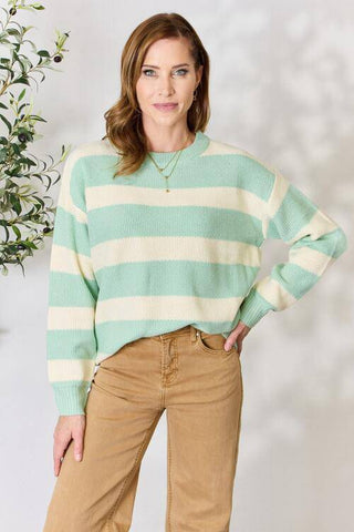 Sew In Love Full Size Contrast Striped Round Neck Sweater - 1985 the VAULT Boutique