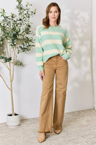 Sew In Love Full Size Contrast Striped Round Neck Sweater - 1985 the VAULT Boutique