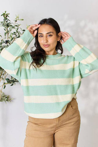 Sew In Love Full Size Contrast Striped Round Neck Sweater - 1985 the VAULT Boutique