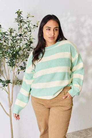 Sew In Love Full Size Contrast Striped Round Neck Sweater - 1985 the VAULT Boutique