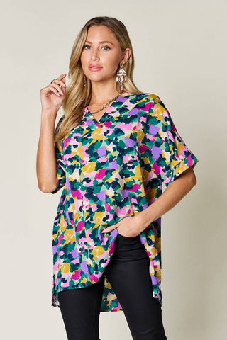 Double Take Full Size Printed V-Neck Short Sleeve Side Slit Top - 1985 the VAULT Boutique