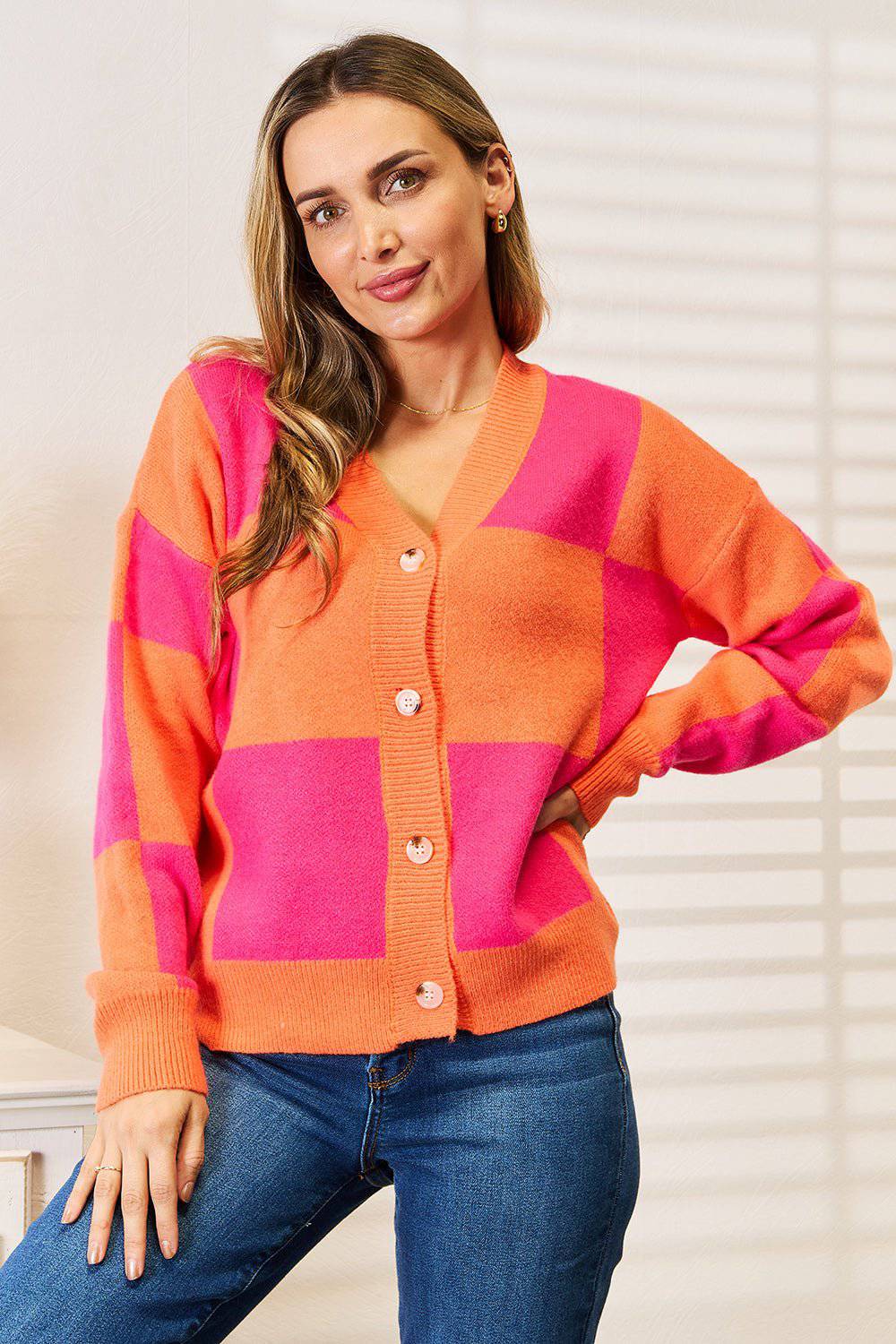 Woven Right Checkered V-Neck Dropped Shoulder Cardigan - 1985 the VAULT Boutique