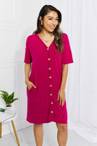 BOMBOM Sunday Brunch Button Down Knee-Length Dress in Magenta - 1985 the VAULT Boutique