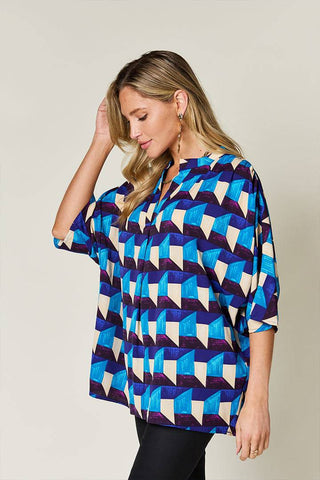 Double Take Full Size Geometric Notched Half Sleeve Blouse - 1985 the VAULT Boutique