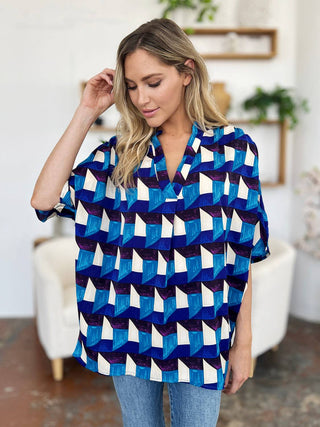 Double Take Full Size Geometric Notched Half Sleeve Blouse - 1985 the VAULT Boutique