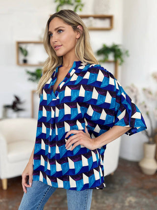 Double Take Full Size Geometric Notched Half Sleeve Blouse - 1985 the VAULT Boutique