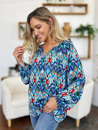 Double Take Full Size Printed Balloon Sleeve Blouse - 1985 the VAULT Boutique