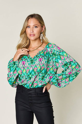 Double Take Full Size Printed Balloon Sleeve Blouse - 1985 the VAULT Boutique