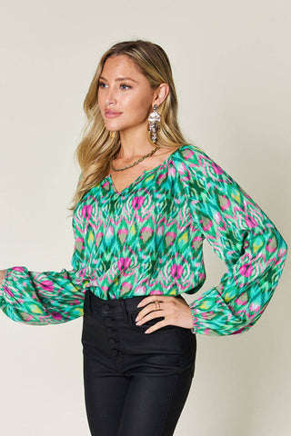 Double Take Full Size Printed Balloon Sleeve Blouse - 1985 the VAULT Boutique