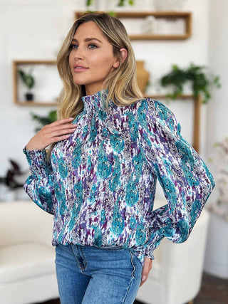 Double Take Full Size Printed Smocked Long Sleeve Blouse - 1985 the VAULT Boutique