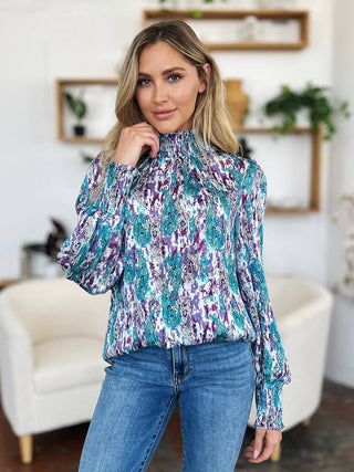 Double Take Full Size Printed Smocked Long Sleeve Blouse - 1985 the VAULT Boutique