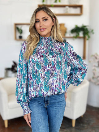 Double Take Full Size Printed Smocked Long Sleeve Blouse - 1985 the VAULT Boutique