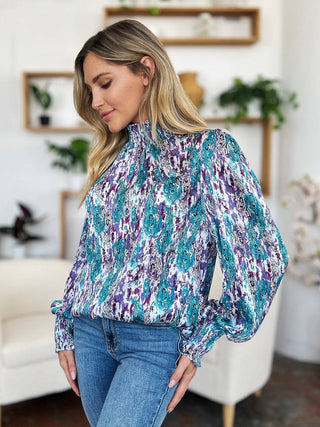 Double Take Full Size Printed Smocked Long Sleeve Blouse - 1985 the VAULT Boutique