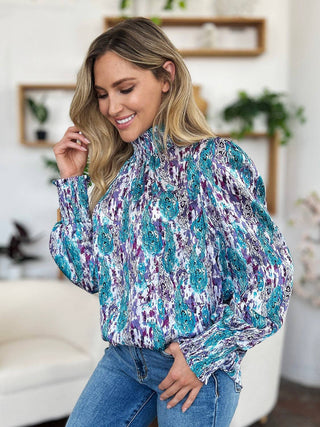 Double Take Full Size Printed Smocked Long Sleeve Blouse - 1985 the VAULT Boutique